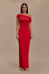 Cassandra Off Shoulder Slinky Maxi Dress - Red