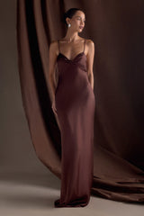 Lilly Sweetheart Satin Maxi Dress - Dark Chocolate