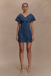 Pascale Off Shoulder Denim Mini Dress - Washed Dark Blue