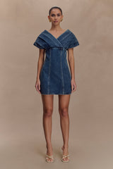 Pascale Off Shoulder Denim Mini Dress - Washed Dark Blue