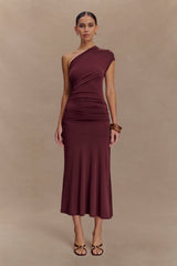 Chloe Peached Jersey One Shoulder Midi Dress - Mahogany