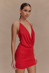 Astraeus Beaded Cowl Mini Dress - Desert Red