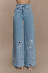 Carmella Embroided Straight Leg Jeans - Mid Blue
