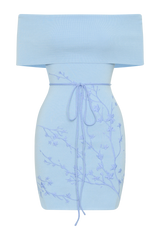 Mallory Off Shoulder Embroidered Knit Mini Dress - Ice Blue