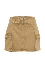 Rowena Denim Buckle Mini Skirt - Tan Acid Wash