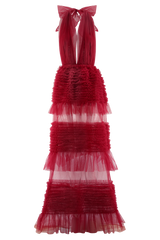 Minka Mesh Ruffle Halter Maxi Dress - Red