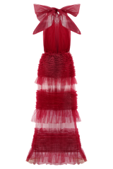 Minka Mesh Ruffle Halter Maxi Dress - Red