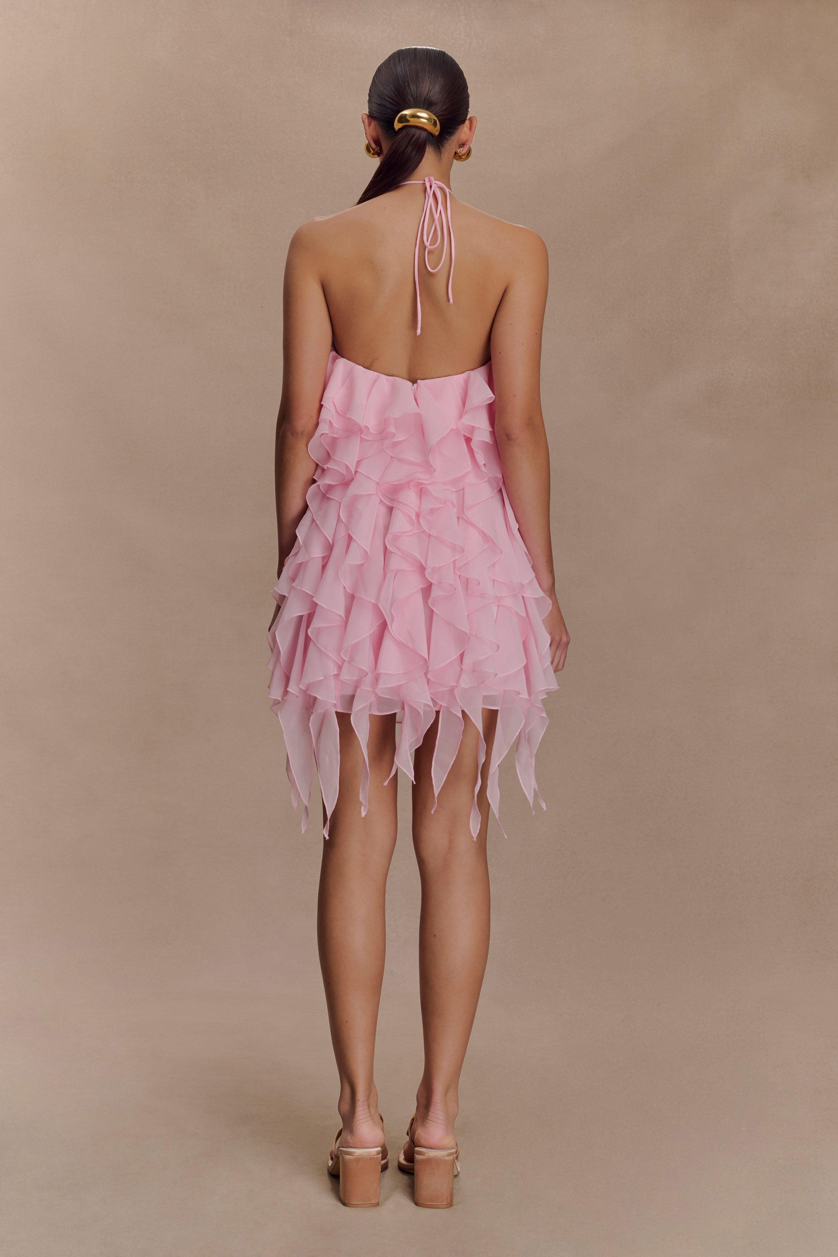 Marigold Ruffle Halter Mini Dress - Powder Pink