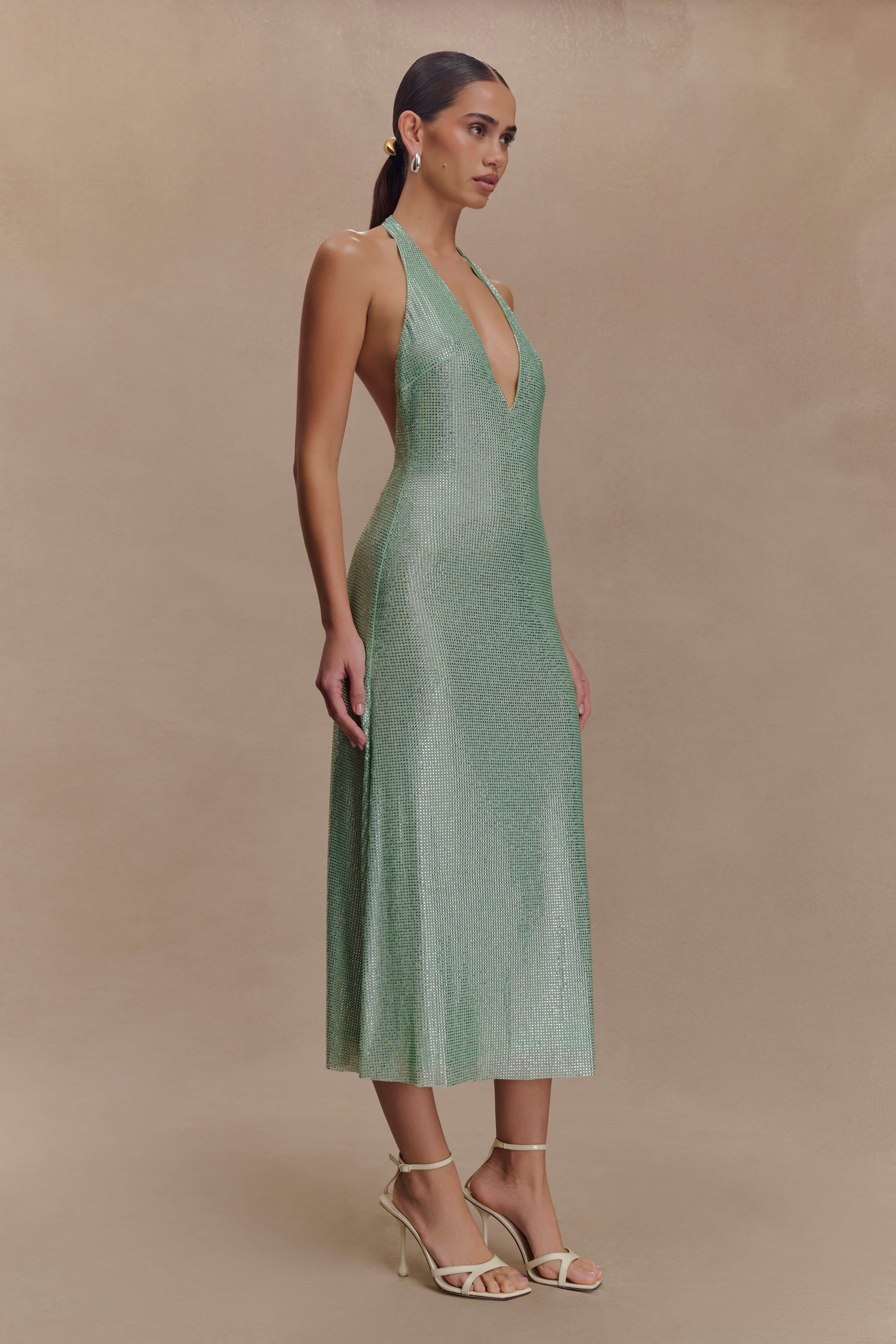 Genie Diamante Halter Midi Dress - Mint