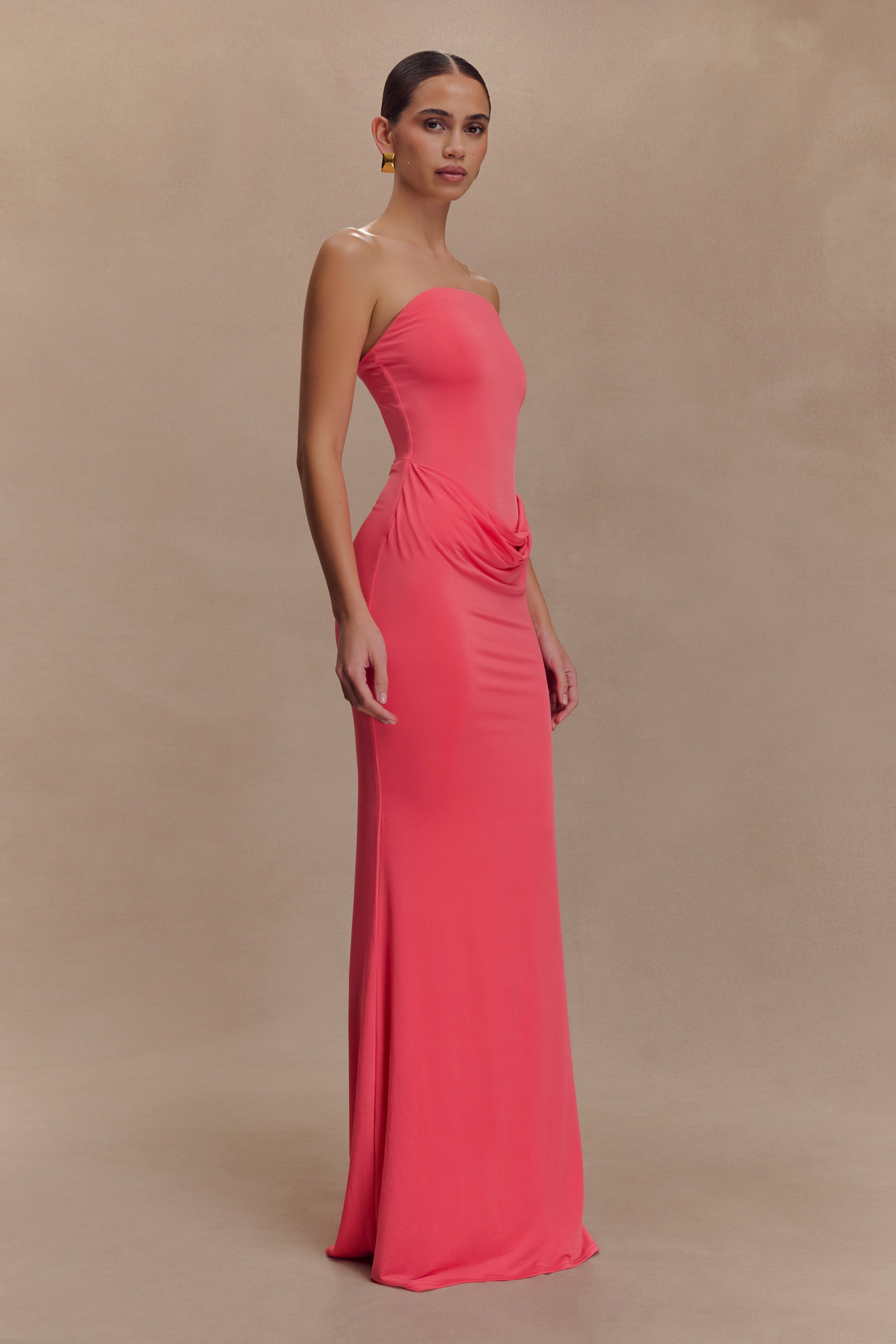 Madison Strapless Slinky Maxi Dress - Coral